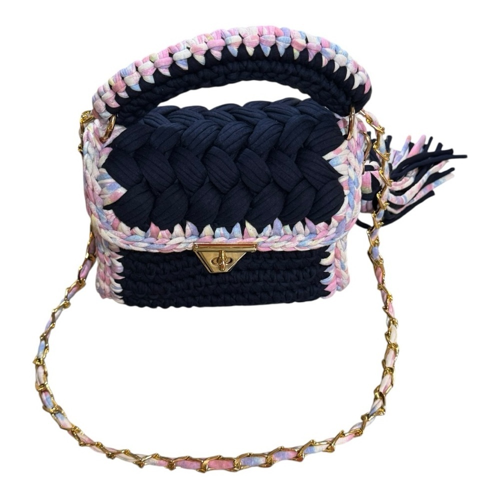 New Handwoven Chunky Knit Crochet Bag Navy Pastel Crossbody Purse with Tassel - Picture 9 of 9